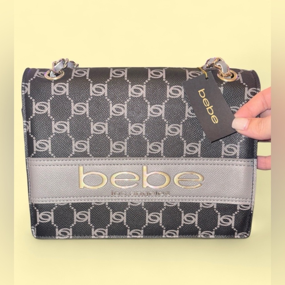 Bebe Serena Monogram Shoulder Bag Black & Silver Chain Strap - NWT